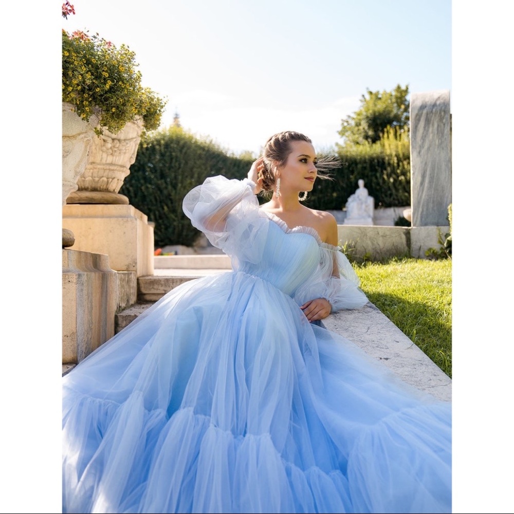 Cinderella Puffy Sleeves Tulle Off Shoulder Aline Evening Gown